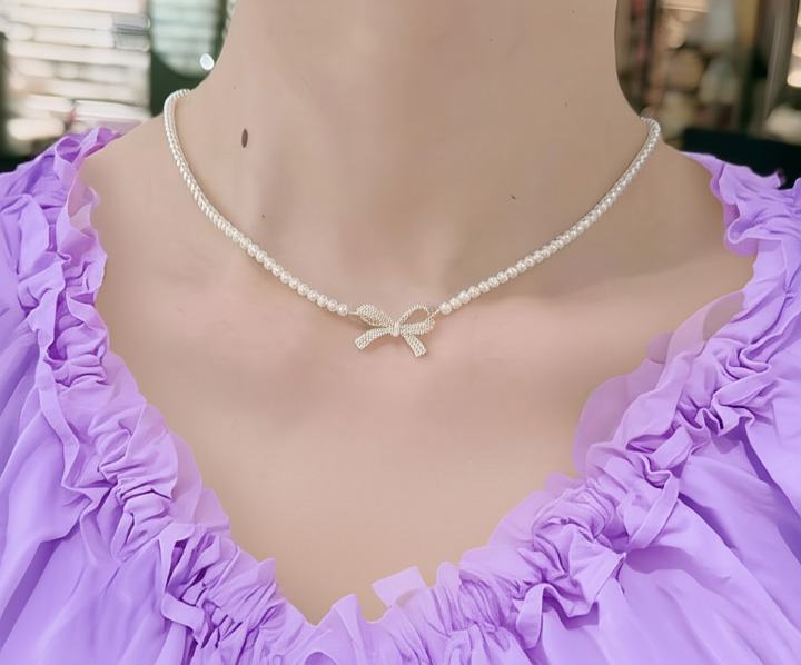 Bow Shape Pearl Pendant Necklace for Women – Dainty Jewelry with Sparkling Bow Design | Available in Silver & Golden Finish | Perfect Gift for Weddings, Parties & Everyday Glamour - Golden