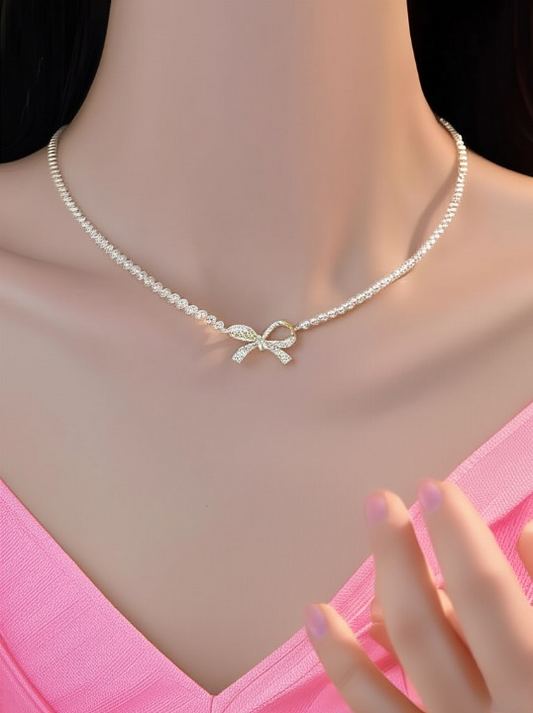 Bow Shape Pearl Pendant Necklace for Women – Dainty Jewelry with Sparkling Bow Design | Available in Silver & Golden Finish | Perfect Gift for Weddings, Parties & Everyday Glamour - Golden