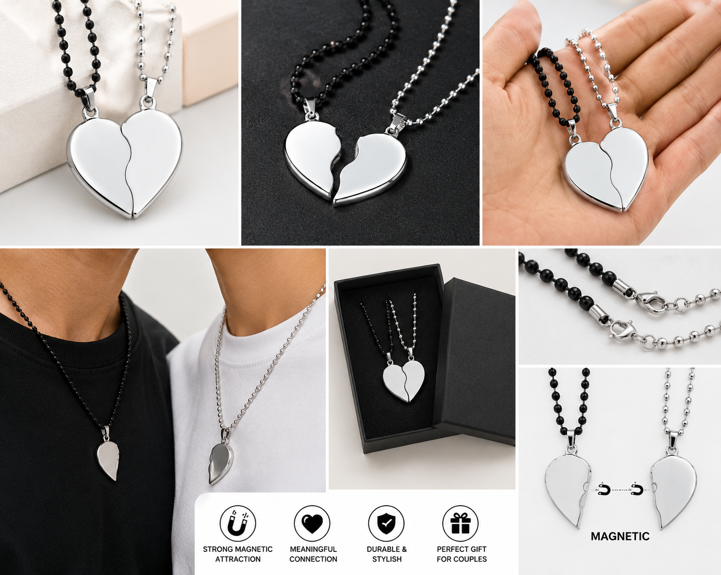 Magnetic Heart Pendant Set for Couples Stainless Steel Silver
