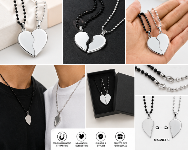 Magnetic Heart Pendant Set for Couples Stainless Steel Silver