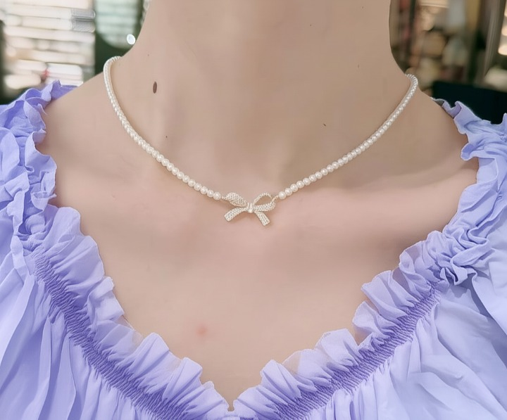 Bow Shape Pearl Pendant Necklace for Women – Dainty Jewelry with Sparkling Bow Design | Available in Silver & Golden Finish | Perfect Gift for Weddings, Parties & Everyday Glamour - Golden