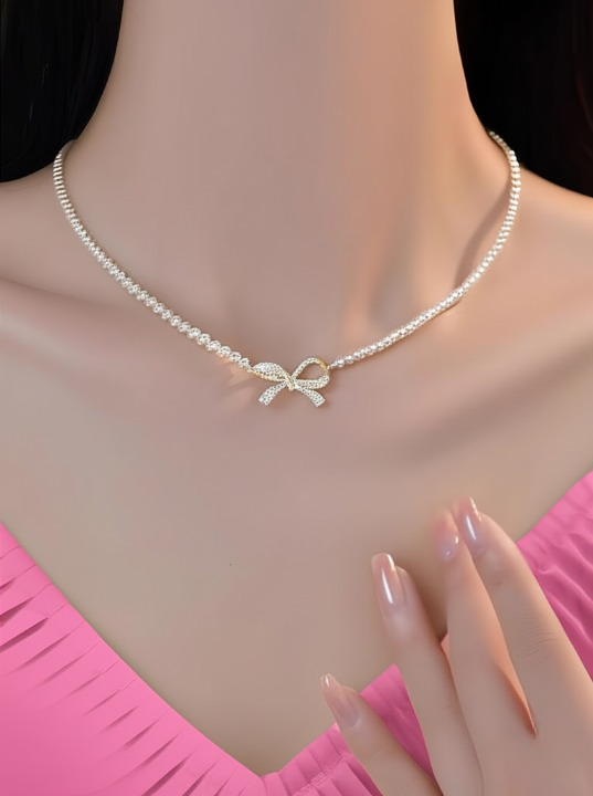 Bow Shape Pearl Pendant Necklace for Women – Dainty Jewelry with Sparkling Bow Design | Available in Silver & Golden Finish | Perfect Gift for Weddings, Parties & Everyday Glamour - Golden