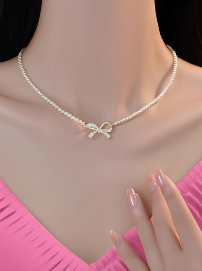 Bow Shape Pearl Pendant Necklace for Women – Dainty Jewelry with Sparkling Bow Design | Available in Silver & Golden Finish | Perfect Gift for Weddings, Parties & Everyday Glamour - Golden
