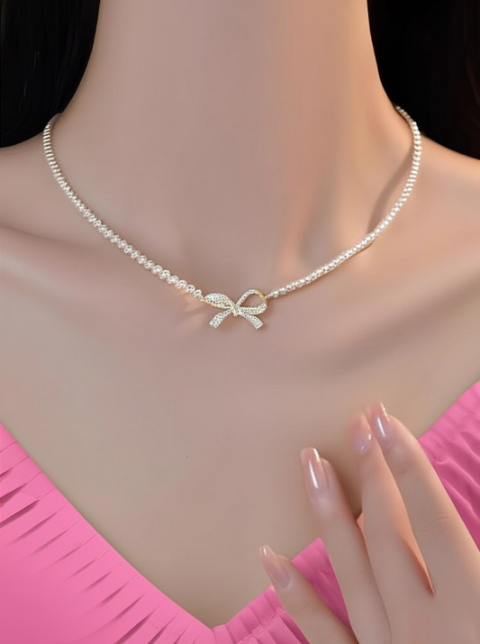 Bow Shape Pearl Pendant Necklace for Women – Dainty Jewelry with Sparkling Bow Design | Available in Silver & Golden Finish | Perfect Gift for Weddings, Parties & Everyday Glamour - Golden