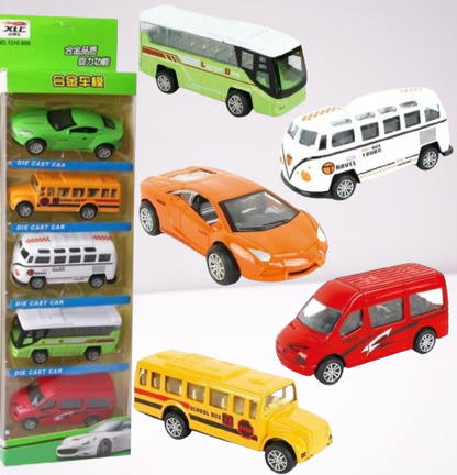 5-Piece Die Cast Metal Car And Bus Set – 1:64 Scale City Vehicle Collection For Kids – Pull Back & Release – Durable Metal & Plastic Construction – Educational Toy For Ages 3+